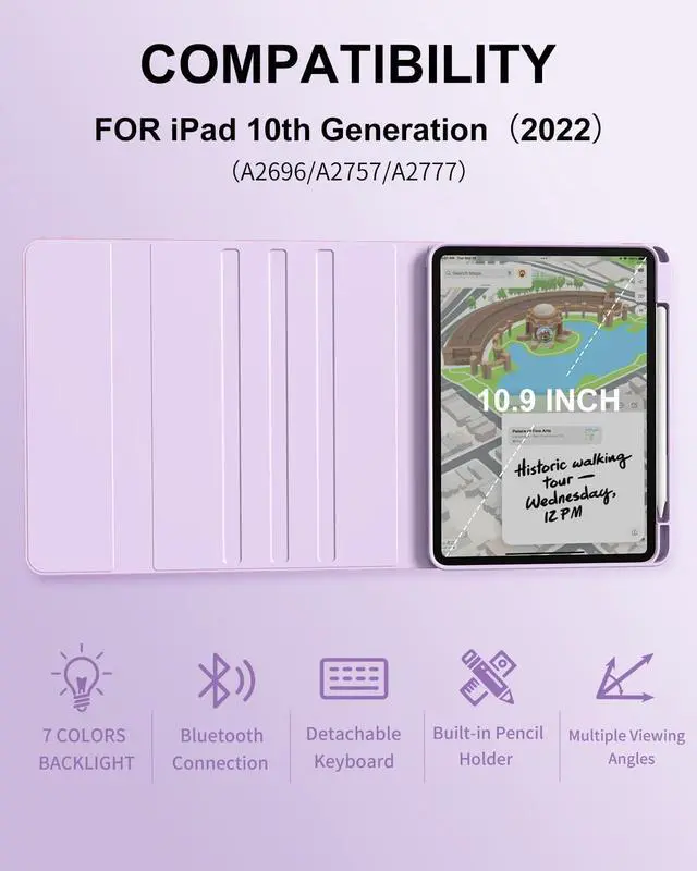 Alt view image 2 of 5 - aoub Keyboard Case for iPad 11th 10th Generation 11 inch (A16) 2025/2022-7 Color Backlit Wireless Detachable Keyboard, Stand Folio Cover with Pencil Holder for iPad 10th Gen 10.9 inch, Purple