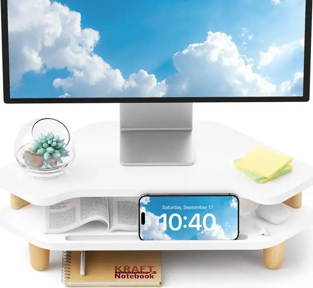 Main image of AFOOYO Monitor Stand Riser,2 Tier Corner Wood Monitor Stand Sturdy Computer Stand Multi-Purpose Desktop Storage Stand for Laptop,PC,iMac,Printer,Computer,White