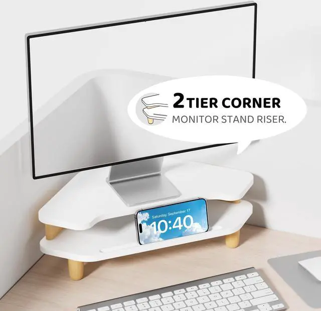 Alt view image 3 of 5 - AFOOYO Monitor Stand Riser,2 Tier Corner Wood Monitor Stand Sturdy Computer Stand Multi-Purpose Desktop Storage Stand for Laptop,PC,iMac,Printer,Computer,White
