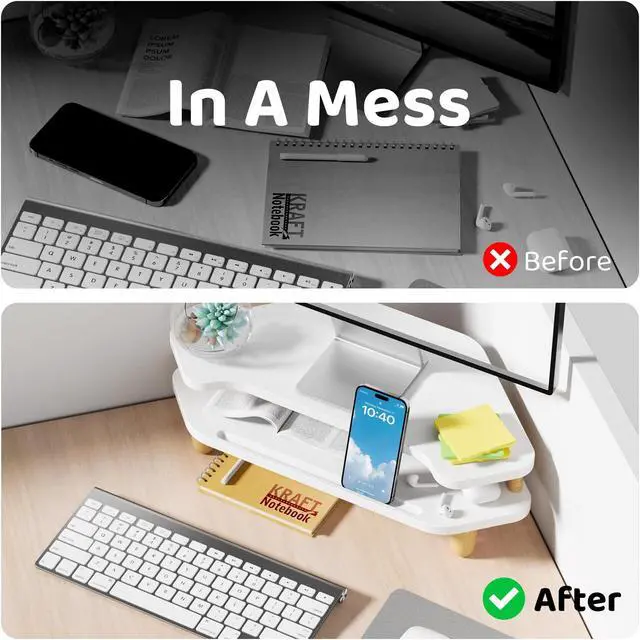 Alt view image 4 of 5 - AFOOYO Monitor Stand Riser,2 Tier Corner Wood Monitor Stand Sturdy Computer Stand Multi-Purpose Desktop Storage Stand for Laptop,PC,iMac,Printer,Computer,White