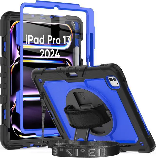 Main image of Herize Case Compatible with iPad Pro 13 2024 with Screen Protector | Case for iPad Pro 13 Inch with Pen Holder Stand Hand/Shoulder Strap | Silicone Rugged Protection Case | Blue