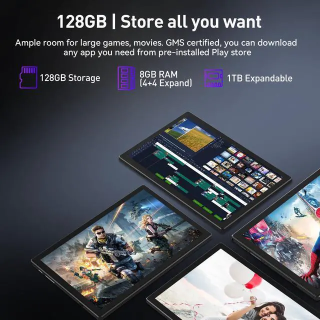 Alt view image 2 of 5 - Android 14 Tablet 10.1 inch, 128GB Storage, 8GB(4+4) RAM, Octa-Core, 5G WiFi Tablet, 7000mAh Battery, BT 5.0, GPS, 13MP+8MP Camera, GMS Certified, 1TB Expandable, Tablet with Keyboard/Mouse/Case Kit