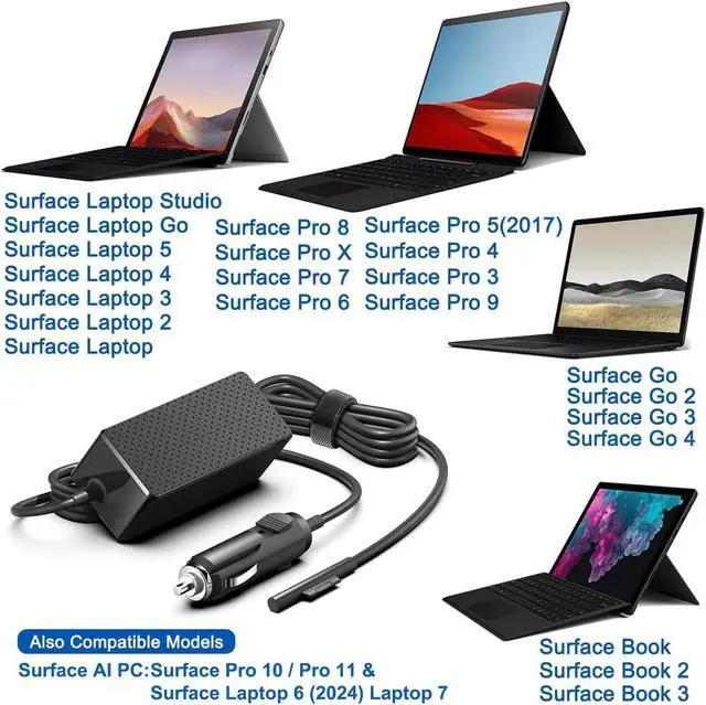 Alt view image 2 of 5 - for Surface Car Charger,HKY DC 12v-24v Vehicle Travel Adapter for Microsoft Surface Pro 10 Pro 9 Pro X Pro 8 Pro 7 Pro 6 5 4 3,Surface Laptop 6/5/Studio/4/Go/3/2,Surface Book 3/2/1,Surface Go 3/2/1