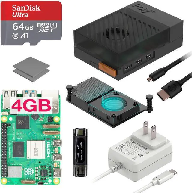 Main image of Argon Poly+5 Raspberry Pi 5 Starter Kit | Raspberry Pi 5 4GB Kit/Pi 5 Board/Raspberry Pi 5 Case / 27W PWR GAN PSU/Pi 5 Active Cooler / 64GB SD Card / 2 Micro HDMI Cable (Blck, 4GB)