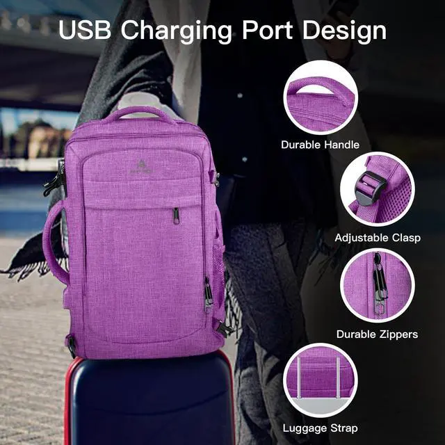 Alt view image 2 of 5 - 50L Carry On Backpack Airline Approved, Extra Large Laptop Backpack, Travel Backpack for Women, Expandable Water Resistant Big Bag Anti-Theft Business Daypack Fit 17 Inch Laptop with USB Port,Purple
