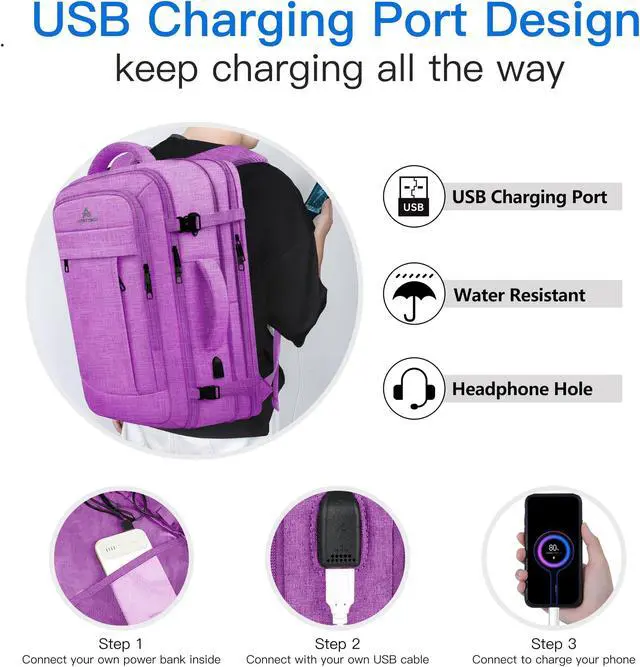 Alt view image 5 of 5 - 50L Carry On Backpack Airline Approved, Extra Large Laptop Backpack, Travel Backpack for Women, Expandable Water Resistant Big Bag Anti-Theft Business Daypack Fit 17 Inch Laptop with USB Port,Purple