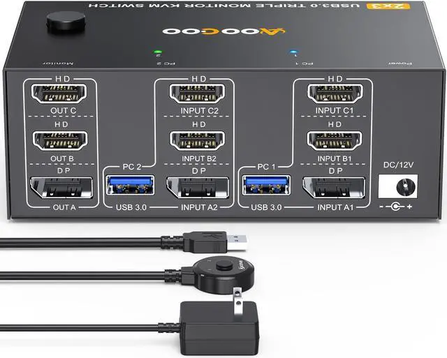 Main image of Triple Monitor KVM Switch 8K@60Hz 4K@144Hz HDMI+DP USB 3.0 Switch Extended Display 3 Monitors 2 Computers KVM with USB 3.0 Cables Wired Controller