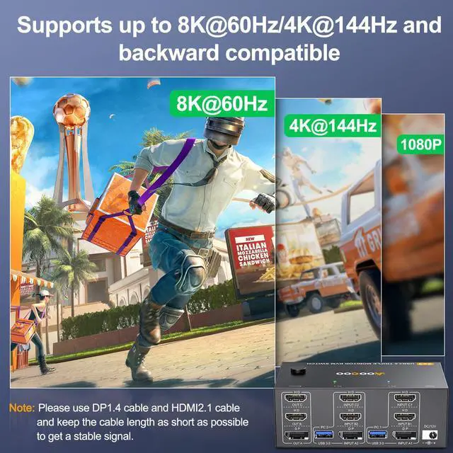 Alt view image 5 of 5 - Triple Monitor KVM Switch 8K@60Hz 4K@144Hz HDMI+DP USB 3.0 Switch Extended Display 3 Monitors 2 Computers KVM with USB 3.0 Cables Wired Controller