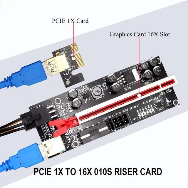 Alt view image 2 of 5 - 6 Pack PCIe Riser 1x to 16x, GPU Mining Riser Card Powered Riser Adapter Card VER010S PCI-E Extension Cable with LED & Triple Power Supply - GPU Riser Extender Mining ETH