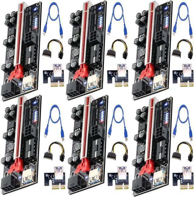 Main image of 6 Pack PCIe Riser 1x to 16x, GPU Mining Riser Card Powered Riser Adapter Card VER010S PCI-E Extension Cable with LED & Triple Power Supply - GPU Riser Extender Mining ETH