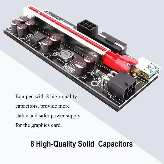 Alt view image 4 of 5 - 6 Pack PCIe Riser 1x to 16x, GPU Mining Riser Card Powered Riser Adapter Card VER010S PCI-E Extension Cable with LED & Triple Power Supply - GPU Riser Extender Mining ETH
