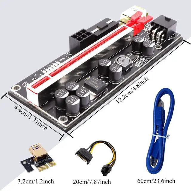 Alt view image 5 of 5 - 6 Pack PCIe Riser 1x to 16x, GPU Mining Riser Card Powered Riser Adapter Card VER010S PCI-E Extension Cable with LED & Triple Power Supply - GPU Riser Extender Mining ETH