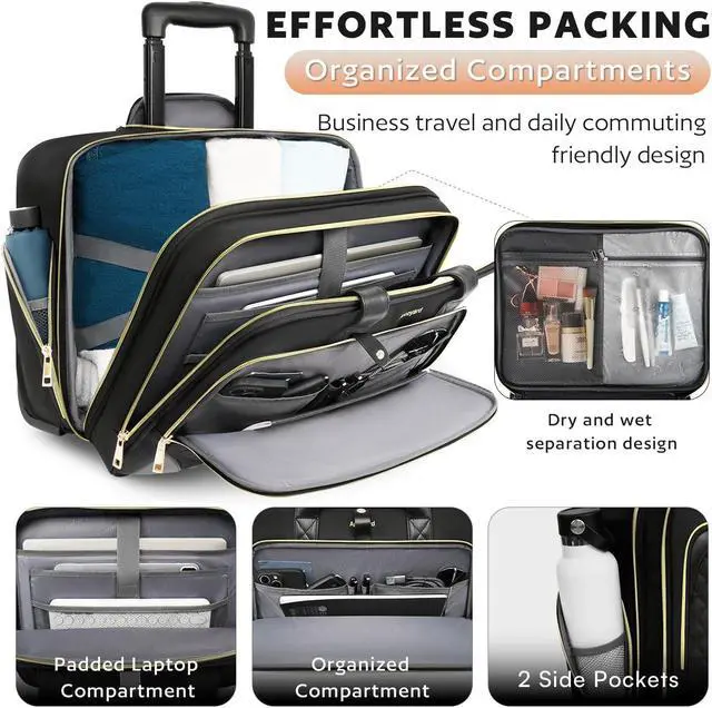 Alt view image 3 of 5 - Rolling Laptop Bag Women, Rolling Briefcase for Women with Waterproof Pocket, 17.3 Inch Computer Bag for Women, Underseat Carry On Luggage with Wheels for Work Travel Business, Lightweight Black