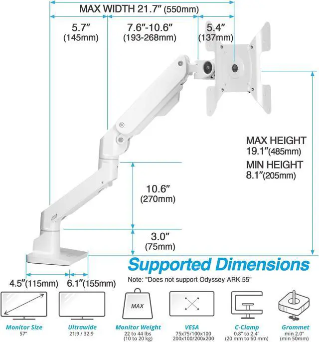 Alt view image 4 of 5 - AVLT Single 34"-57" Monitor Arm Desk Mount fits One 44 lbs Heavy Duty Monitor Full Motion Height Swivel Tilt Rotation Adjustable Monitor White Arm VESA 200x200 200x100 100x100 75x75