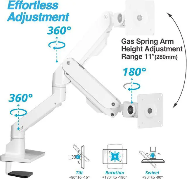 Alt view image 3 of 5 - AVLT Single 34"-57" Monitor Arm Desk Mount fits One 44 lbs Heavy Duty Monitor Full Motion Height Swivel Tilt Rotation Adjustable Monitor White Arm VESA 200x200 200x100 100x100 75x75