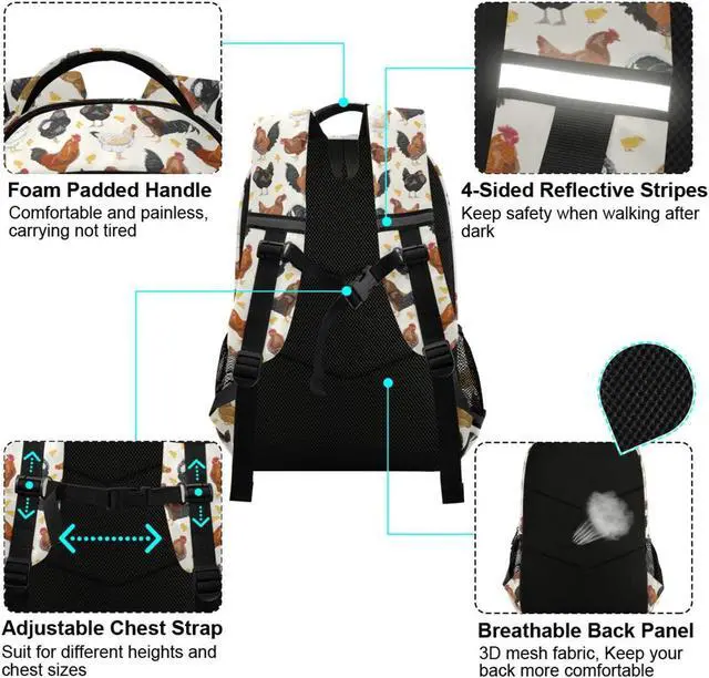 Alt view image 4 of 5 - JIPONI Cute Chicken Rooster Pattern Backpack For Girls Boys School Kids Bookbag Travel Laptop Backpack Purse Daypack With Chest Strap