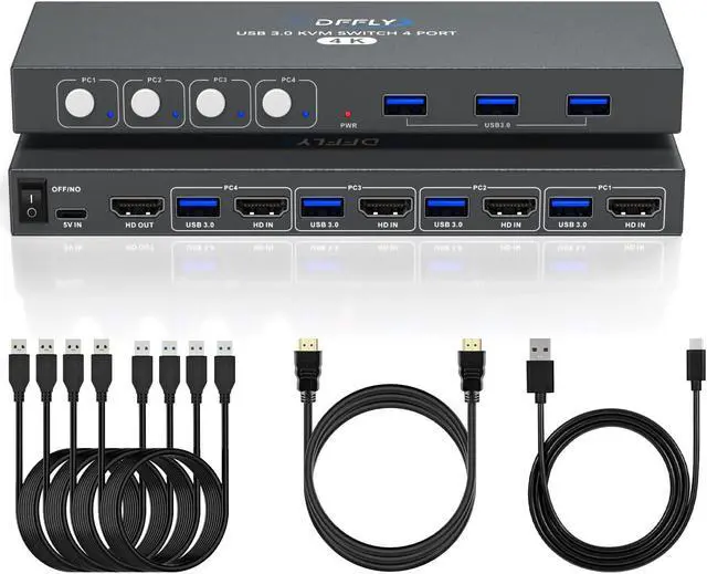 Main image of USB3.0 Switch HDMI Kvm Switch 4 Computers 1 Monitors with 3 USB Ports, 4K@60Hz for 4 Computers Sharing Monitor Keyboard Mouse, Supports Button Control, EDID Compatible