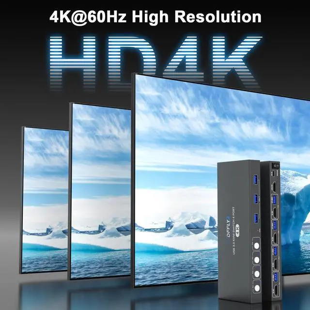 Alt view image 5 of 5 - USB3.0 Switch HDMI Kvm Switch 4 Computers 1 Monitors with 3 USB Ports, 4K@60Hz for 4 Computers Sharing Monitor Keyboard Mouse, Supports Button Control, EDID Compatible