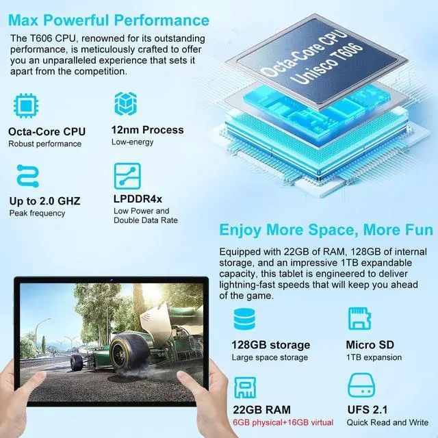 Alt view image 2 of 5 - 2025 Tablet 10 Inch Android 14 Tablets with 22GB RAM 128GB ROM 1TB Expand, Octa-Core Tablet with Keyboard Mouse, 8000mAh Battery, HD IPS Display, GPS, Widevine L1, Split Screen, Metal Body -Blue