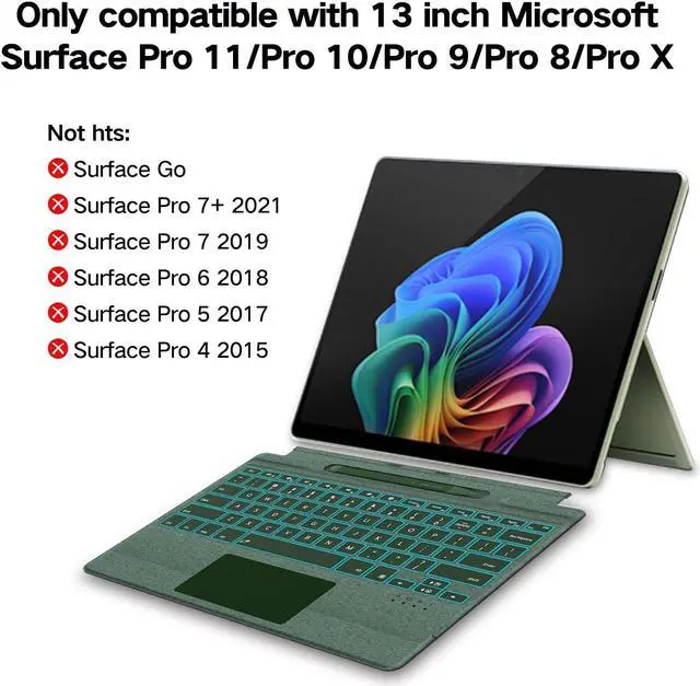 Alt view image 2 of 5 - JvKzaen Surface Pro 9 Keyboard with Slim Pen, Compatible with Microsoft Surface Pro 11 10 9 8 X, 13 Inch Bluetooth Wireless Backlight Type Cover Keyboard with Slim Pen, Keyboard with Slim Pen Green
