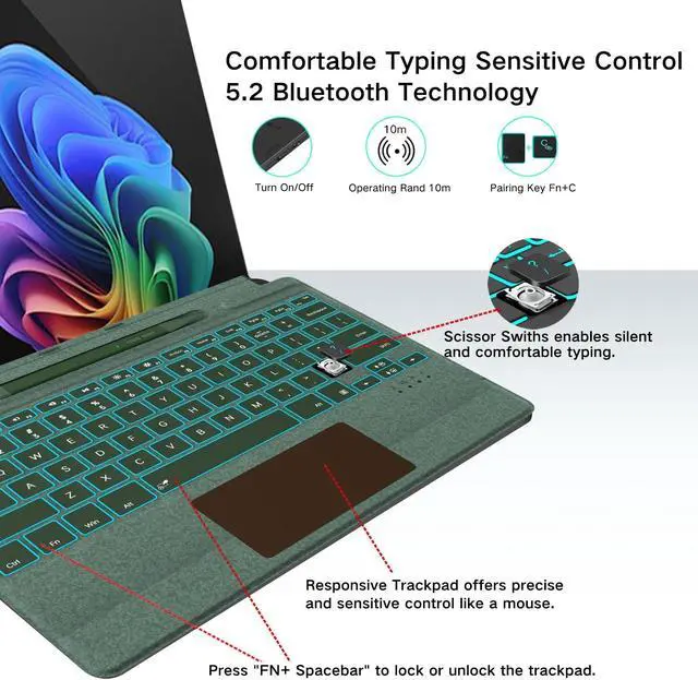 Alt view image 5 of 5 - JvKzaen Surface Pro 9 Keyboard with Slim Pen, Compatible with Microsoft Surface Pro 11 10 9 8 X, 13 Inch Bluetooth Wireless Backlight Type Cover Keyboard with Slim Pen, Keyboard with Slim Pen Green
