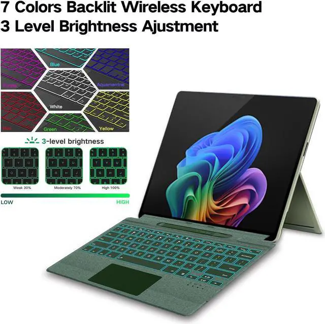 Alt view image 3 of 5 - JvKzaen Surface Pro 9 Keyboard with Slim Pen, Compatible with Microsoft Surface Pro 11 10 9 8 X, 13 Inch Bluetooth Wireless Backlight Type Cover Keyboard with Slim Pen, Keyboard with Slim Pen Green