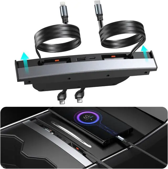 Main image of Waterproof USB Hub for Tesla Model 3 Model Y - 2023 2022 2021 Multi Port Retractable Docking Station, Expandable Base with Multiple Ports for Fast Charging and Accessories