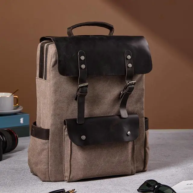 Alt view image 5 of 5 - BRASS TACKS Leathercraft Vintage Waterproof Waxed Canvas Leather Backpack for Men Women 15.6" laptop Travel Rucksack