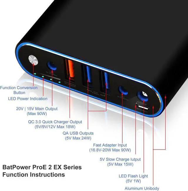 Alt view image 3 of 5 - BatPower EX10H 148Wh Laptop External Battery Compatible with HP Pavilion Envy Spectre Split Slatebook Chromebook Streambook EliteBook Notebook Power Bank Portable Charger USB QC for Tablet Smartphone