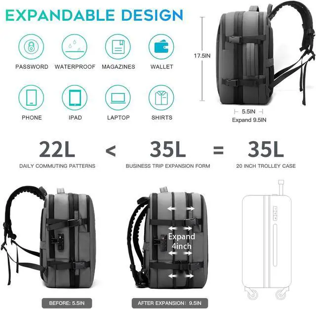 Alt view image 2 of 5 - BANGE Airback Backpack with Anti-Theft Vacuum Compression Travel Backpack,Expandable Backpacks with Pump for Airplanes