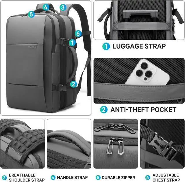 Alt view image 5 of 5 - BANGE Airback Backpack with Anti-Theft Vacuum Compression Travel Backpack,Expandable Backpacks with Pump for Airplanes