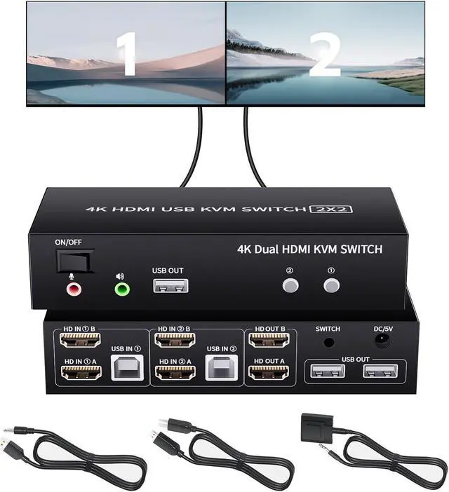 Main image of BolAAzuL 2-Port HDMI USB KVM Switch 4K@60Hz, Dual-Port USB 2.0 HDMI 2.0 KVM Switcher 2X2, Keyboard Mouse Peripherals Switcher KVM HDMI USB 2 in 2 Out for 2 PCs 2 Monitors