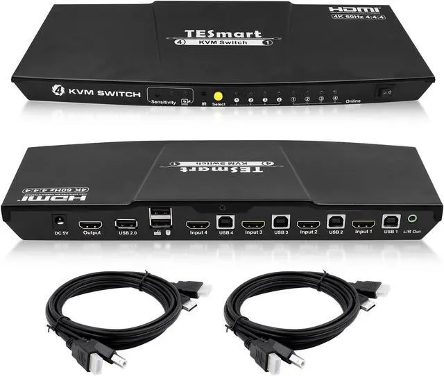 Main image of 4-Port HDMI KVM Switch with 2 Pcs 5ft KVM Cables 3840x2160@60Hz 4:4:4 UHD Supports L/R Audio Output and USB 2.0 Device Control (Black)