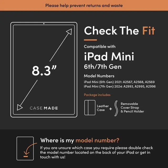 Alt view image 2 of 5 - Casemade Real Leather Case Compatible with iPad Mini 7 (A17 Pro) / 6th Gen (2021) - Full-Grain Leather Cover, Auto Sleep/Wake, Dual Stand Position (Black)