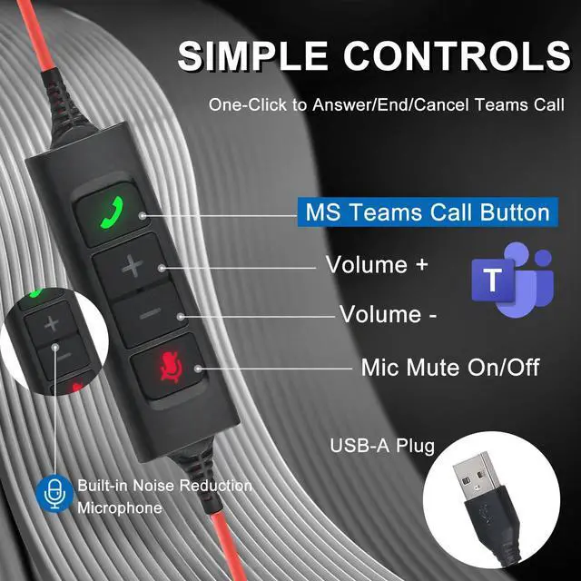 Alt view image 3 of 5 - Callez USB Headset with ENC Dual Mic Noise Cancelling for PC Laptop Mac, Computer Headset with MS Teams Call Button Wired Stereo Headphones for Teams Zoom Home Office Work Call Center