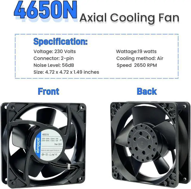 Alt view image 2 of 5 - for ebmpapst Cooling Fan 4650N, All Metal High Temperature Resistant Axial Cooling Fan 2-Pin 120x120x38mm AC 230V 50/60Hz 0.12A