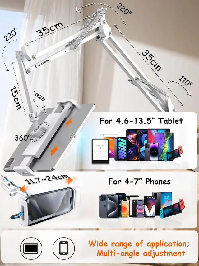 Alt view image 3 of 5 - CACENCAN Foldable Tablet Stand, Tablet Mount Adjustable for Bed,Universal Flexible Tablet Holder with 360 Degree Rotation for iPad/iPhoneX/iPad Pro/N-Switch,or Other 4.5~13.5 Inches Devices (White)