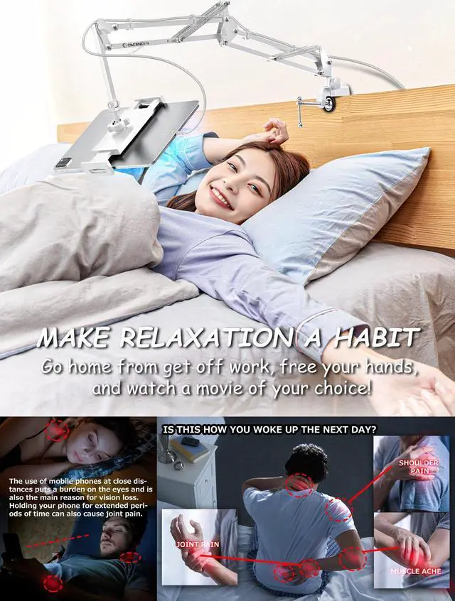 Alt view image 2 of 5 - CACENCAN Foldable Tablet Stand, Tablet Mount Adjustable for Bed,Universal Flexible Tablet Holder with 360 Degree Rotation for iPad/iPhoneX/iPad Pro/N-Switch,or Other 4.5~13.5 Inches Devices (White)