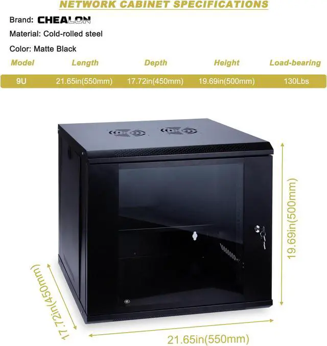 Alt view image 2 of 5 - CHEALON 9U-01 Wall Mount Network Rack for 19 Inch Equipment 17 Inch Deep Server Rack Glass Locking Door
