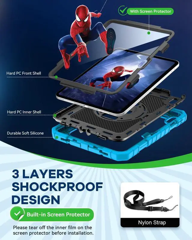 Alt view image 3 of 5 - Cantis Case for iPad 11-inch (A16) 2025/ iPad 10th Generation 2022 (10.9 inch) with Screen Protector, iPad 11th Case with 360 Degree Rotating Stand/Shoulder Strap/Pencil Holder, Blue