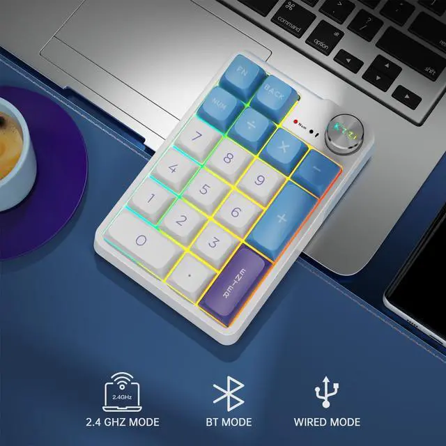 Alt view image 3 of 5 - Mechanical Wireless Rechargeable Numeric Keypad, Gasket Bluetooth 5.0/2.4ghz/Wired Hot Swappable19 Keys Numpad, with Poron Foam, Aluminum Alloy Knob(Blue-White)