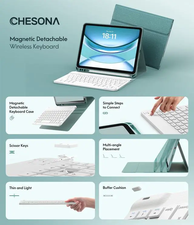 Alt view image 3 of 5 - CHESONA Keyboard Case for iPad 10th Generation 10.9-inch 2022, Detachable Bluetooth Keyboard, Stand Folio Keyboard Cover with Pencil Holder, Rechargeable Keyboard for iPad 10th Gen 2022 (Lake Green)