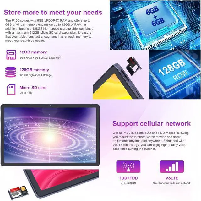 Alt view image 5 of 5 - C idea 11 inch Tablet, Android 13 Tablets 12GB+128GB (1TB TF),1200x2000 FHD 2K Split-Screen,13MP+5MP Camera, 8000mAh Battery with Type-C Fast Charging,Octa-core CPU Tablet Support Face Unlock-Gray