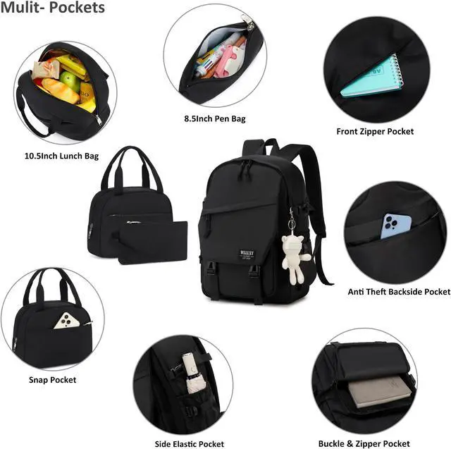 Alt view image 4 of 5 - Caoroky knight College Laptop Backpack for Men Women 3 PCS Set Bookbag School Backpacks with Lunch Bag Pencil Case Anti Theft Travel Backpack Rucksack-Large,Black