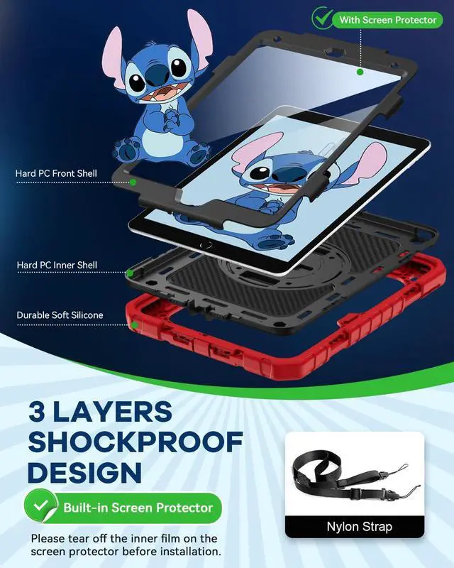 Alt view image 3 of 5 - Cantis Case for iPad 9th/8th/7th Generation with Screen Protector, iPad 10.2 Case 2021/2020/2019 with 360 Degree Rotating Stand/Shoulder Strap/Pencil Holder, Red