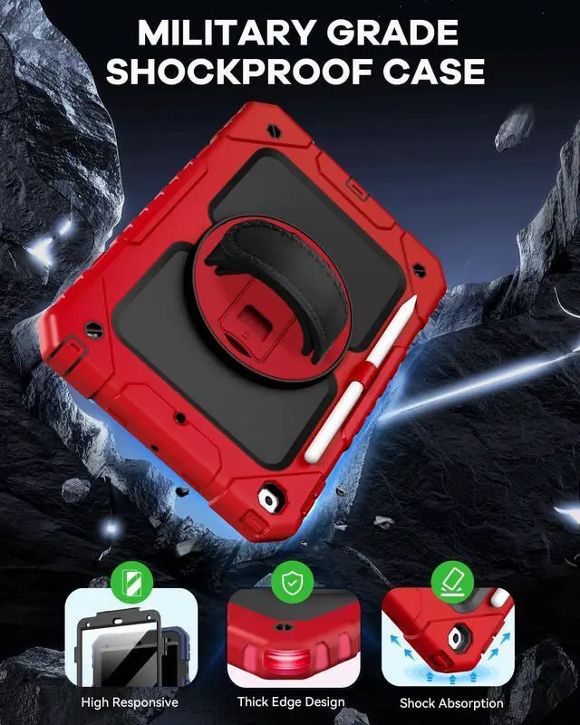 Alt view image 4 of 5 - Cantis Case for iPad 9th/8th/7th Generation with Screen Protector, iPad 10.2 Case 2021/2020/2019 with 360 Degree Rotating Stand/Shoulder Strap/Pencil Holder, Red