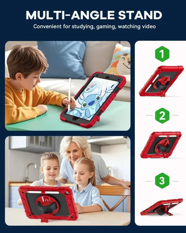 Alt view image 5 of 5 - Cantis Case for iPad 9th/8th/7th Generation with Screen Protector, iPad 10.2 Case 2021/2020/2019 with 360 Degree Rotating Stand/Shoulder Strap/Pencil Holder, Red