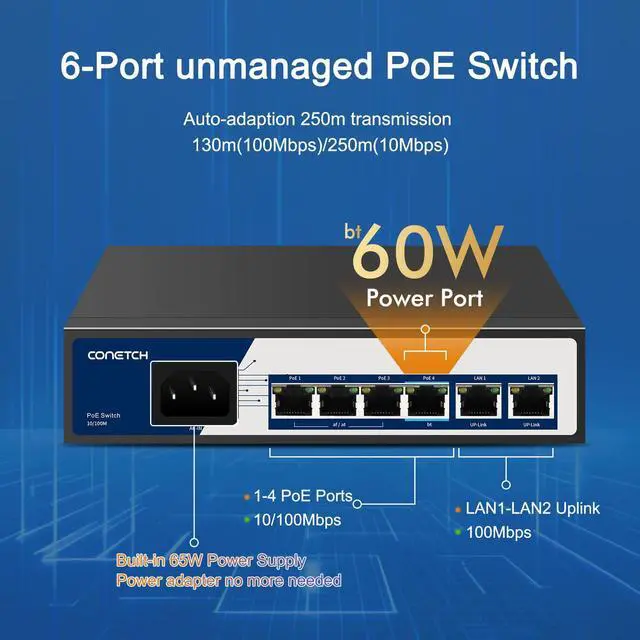 Alt view image 2 of 5 - CONETCH 6 Port PoE+ Switch with 4 PoE+ Ports, 2 Uplink and Extend Function, 65W Built-in Power, IEEE 802.3af/at + 1 High Power PoE Port,10/100Mbps, Fanless, Desktop, Plug & Play, PoE++ Network Switch
