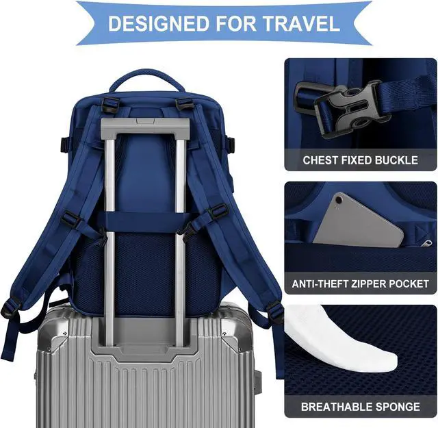 Alt view image 5 of 5 - coowoz Large Travel Backpack For Women Men,Carry On Backpack Flight Approved,Hiking Backpack Outdoor Rucksack Casual Daypack Travel Bag Essentials Personal Item Backpack (Royal Blue L)