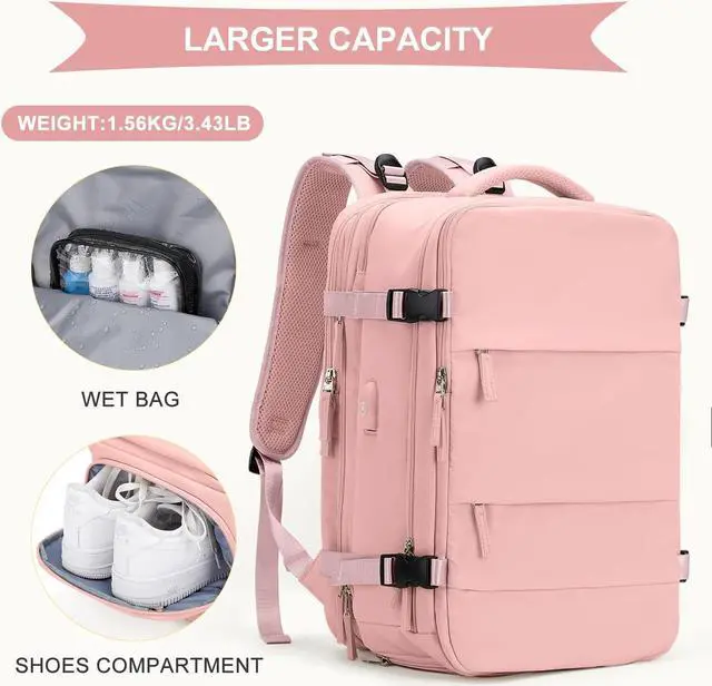 Alt view image 4 of 5 - coowoz Large Travel Backpack For Women Men, Carry On Backpack,Hiking Backpack Waterproof Outdoor Sports Rucksack Casual Daypack Expandable Heavy Duty Extra large Backpack Pink Expansion